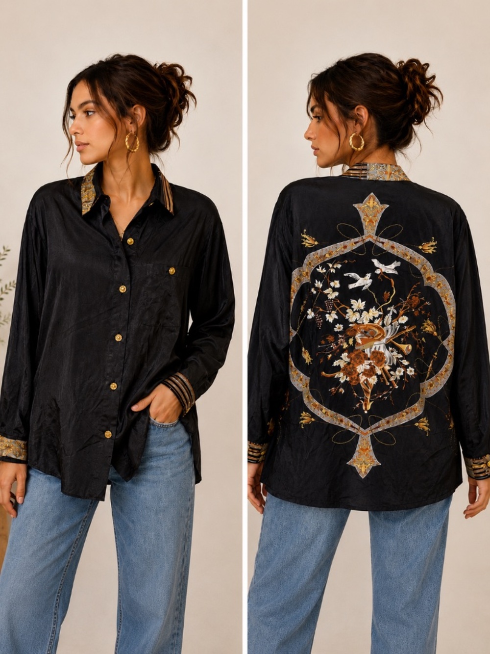 Apart Black 100% Silk Button Front Blouse Bird Floral Print Back Size 14 Luxury